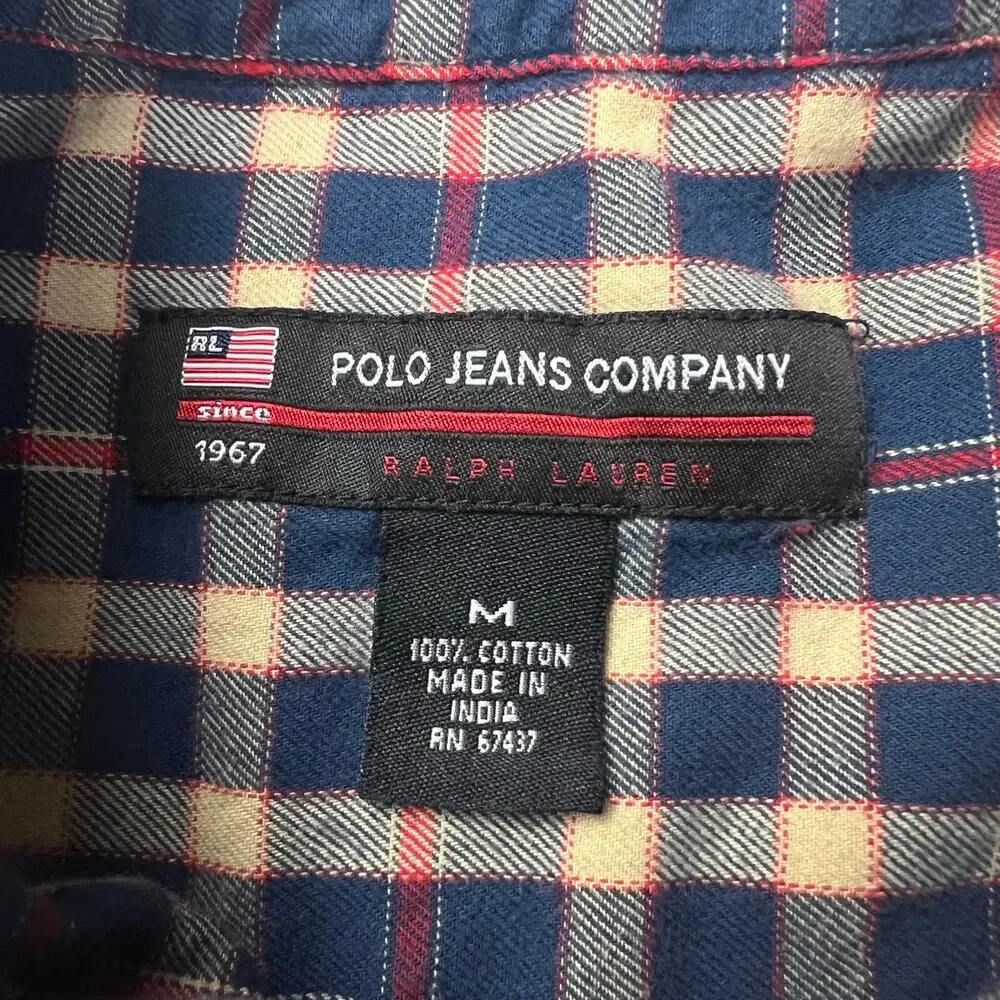 Polo Ralph Lauren Jeans Company Blue Red Plaid Button Down Shirt Men's SZ Medium
